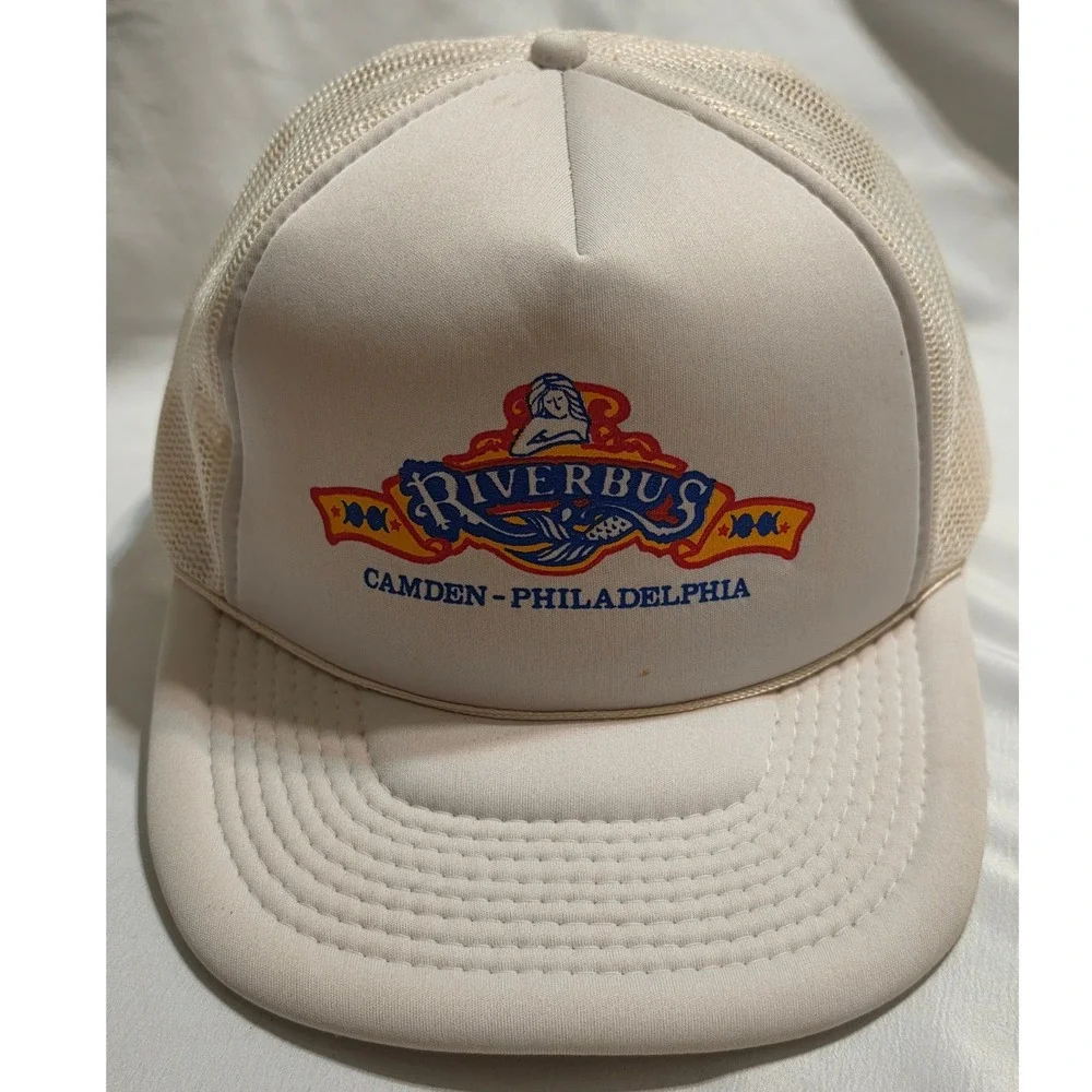 Vintage Riverbus Camden Philadelphia‎ Trucker Hat Snapback Cream Mesh Cap